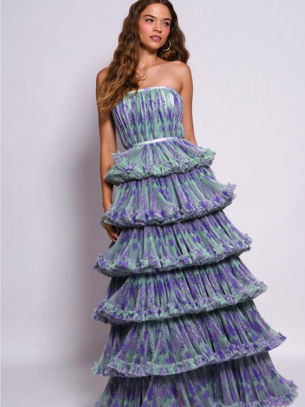 Hutch Glenda Tiered Strapless Ruffled Gown in Mint & Lavender - Picture 4 of 6
